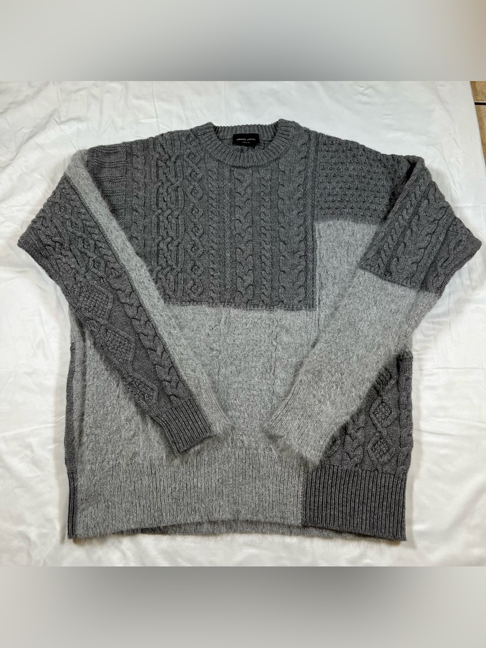 Roberto Collina Men’s Gray Patchwork Cable Knit Angora Blend Sweater Size 48‎